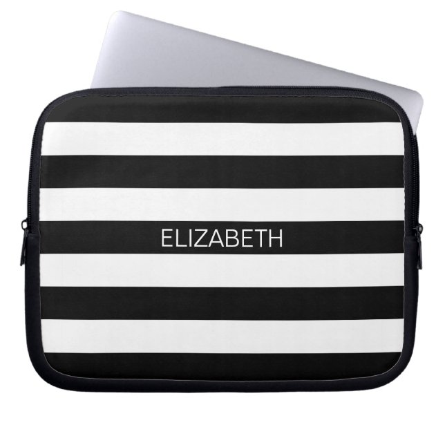 Black White Horizontal Preppy Stripe Name Monogram Laptop Sleeve (Front)