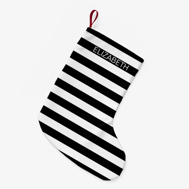 Black White Horizontal Preppy Stripe Name Monogram Small Christmas Stocking (Front (Hanging))