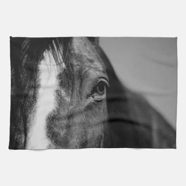 Black White Horse Eye Artwork Tea Towel (Horizontal)