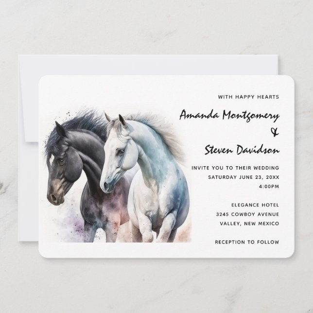Black & White Horse Pair in Watercolor Invitation (Front)