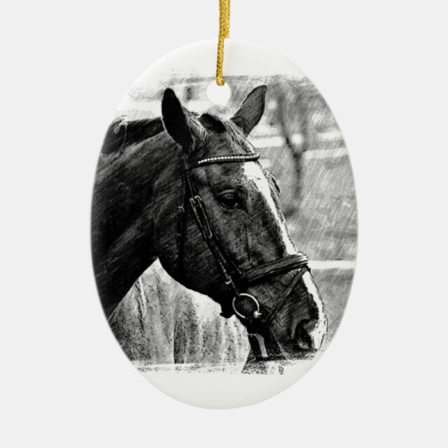 Black White Horse Sketch Ceramic Tree Decoration (Front)