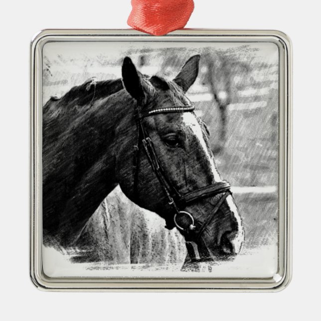 Black White Horse Sketch Metal Tree Decoration (Front)