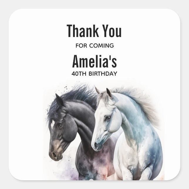 Black & White Horses in Watercolor Birthday Square Sticker (Front)