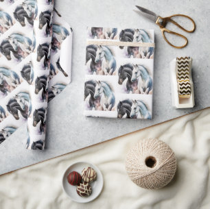  Black & White Horses in Watercolor Patterned Wrapping Paper
