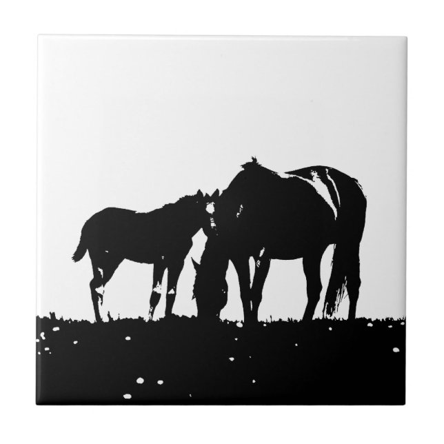 Black & White Horses Silhouette Tile (Front)