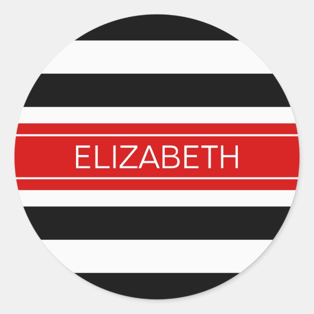 Black White Horz Preppy Stripe Red Name Monogram Classic Round Sticker (Front)
