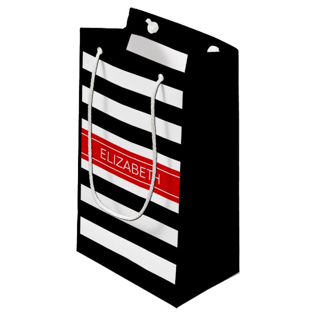Black White Horz Preppy Stripe Red Name Monogram Small Gift Bag (Front Angled)