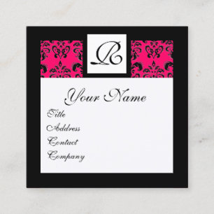 BLACK WHITE HOT PINK DAMASK SQUARE MONOGRAM BUSINESS CARD