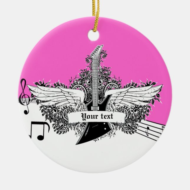 Black white hot pink electric guitar with wings ceramic tree decoration (Front)