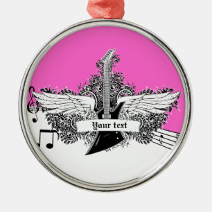 Black white hot pink electric guitar with wings metal tree decoration