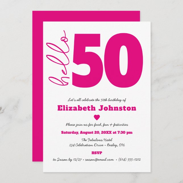 Black White Hot Pink Hello 50 Fabulous Birthday Invitation (Front/Back)