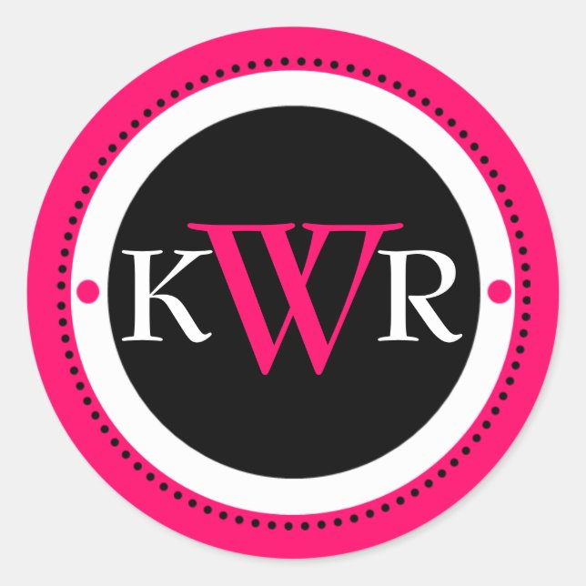 Black White Hot Pink Monogram Classic Round Sticker (Front)