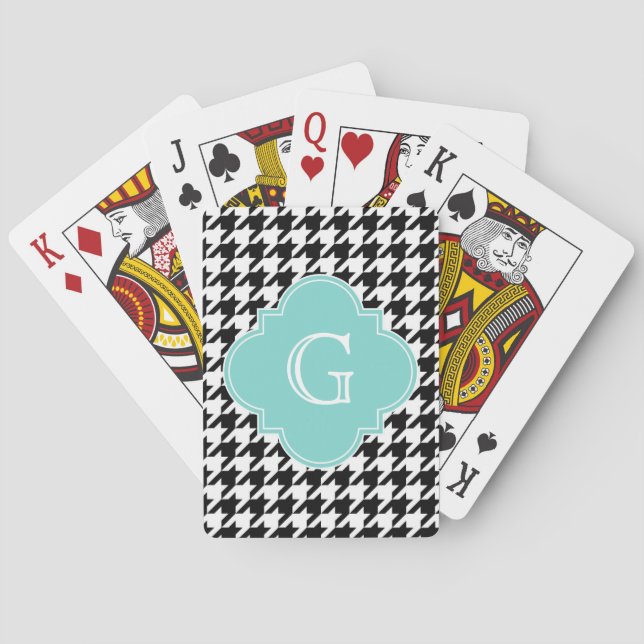 Black White Houndstooth Aqua Quatrefoil Monogram Playing Cards (Back)
