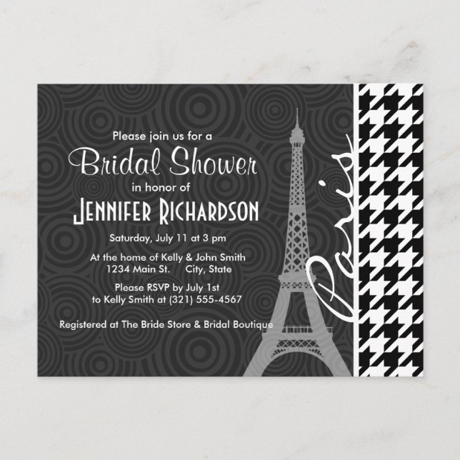 Black & White Houndstooth; Paris Invitation Postcard (Front)
