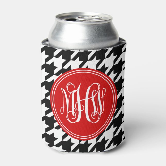 Black White Houndstooth Red 3 Init Vine Monogram Can Cooler (Can Front)