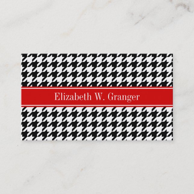 Black White Houndstooth Red Name Monogram Business Card (Front)