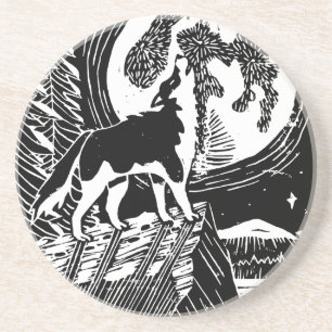 Black & White Howling Husky at Night Linocut Coaster