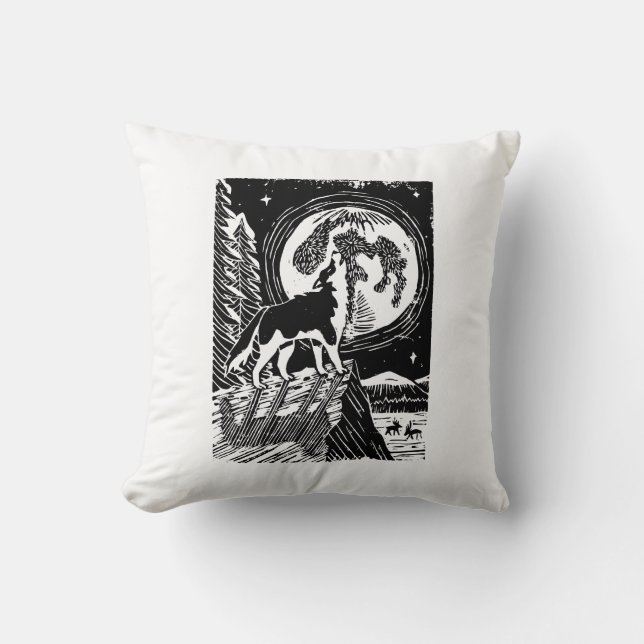 Black & White Howling Husky at Night Linocut Cushion (Front)