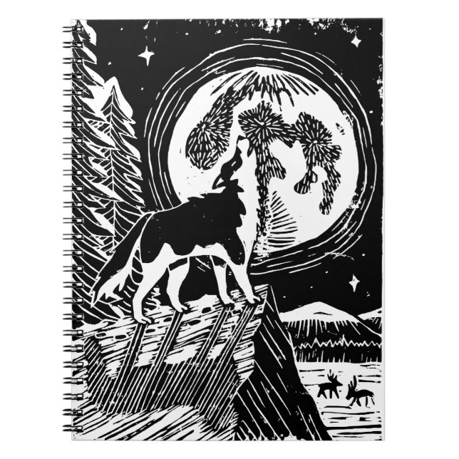 Black & White Howling Husky at Night Linocut Notebook (Front)