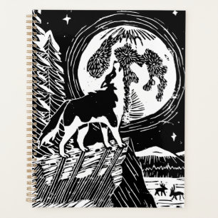 Black & White Howling Husky at Night Linocut Planner