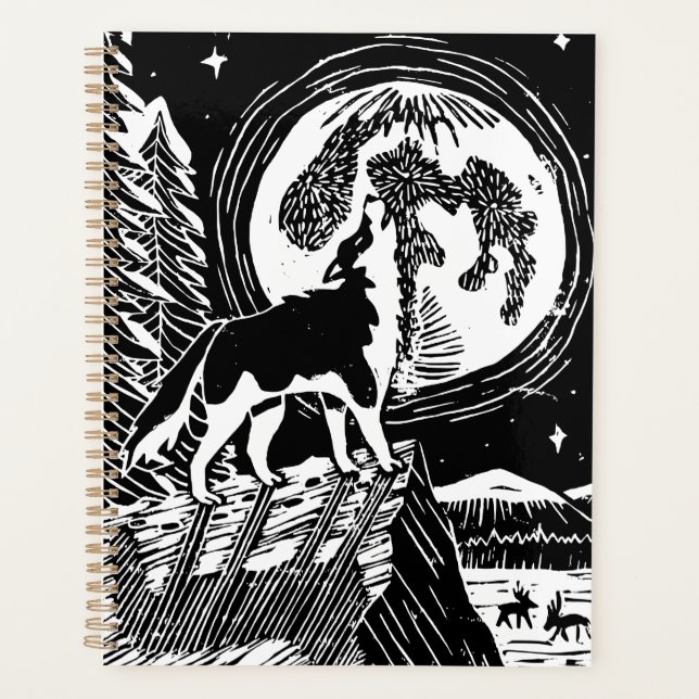 Black & White Howling Husky at Night Linocut Planner (Front)