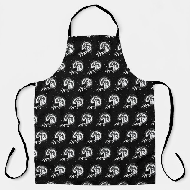 Black & White Howling Husky Moon Linocut Apron (Front)