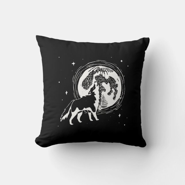 Black & White Howling Husky Moon Linocut Pattern Cushion (Front)