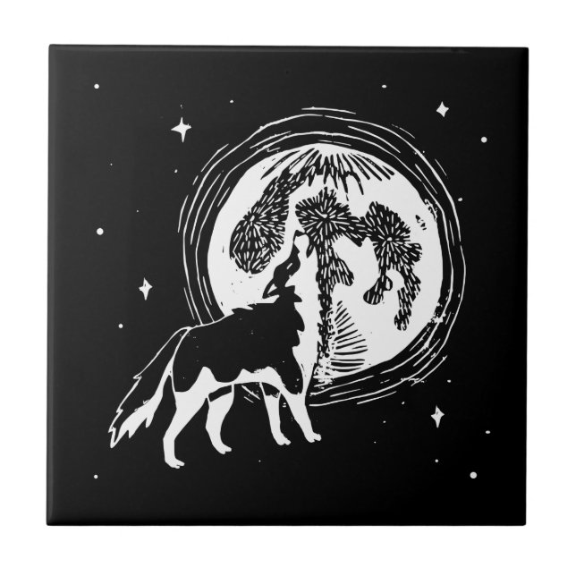Black & White Howling Husky Moon Linocut Tile (Front)