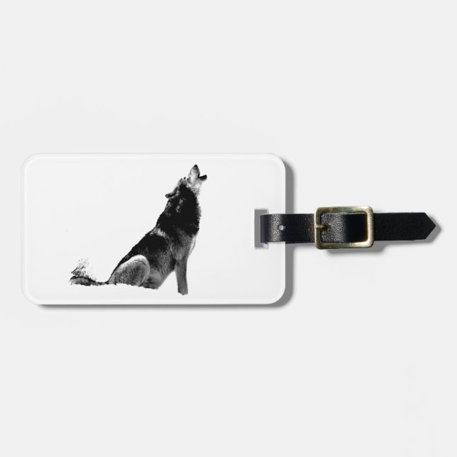 Black White Howling Wolf Luggage Tag (Front Horizontal)