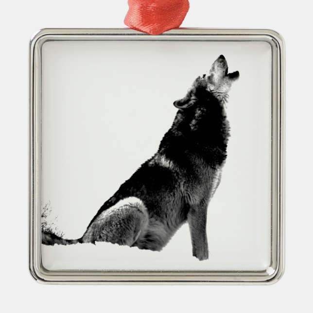Black White Howling Wolf Metal Tree Decoration (Front)