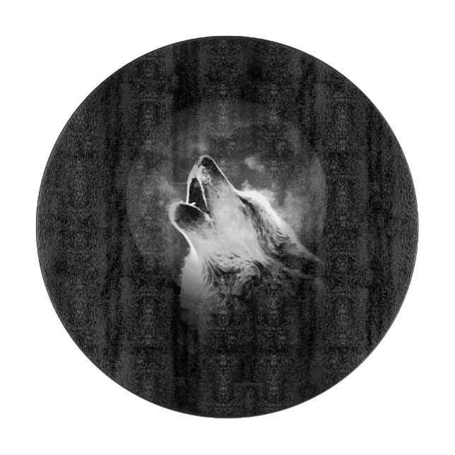 Black & White Howling Wolf & Moon Cutting Board (Front)