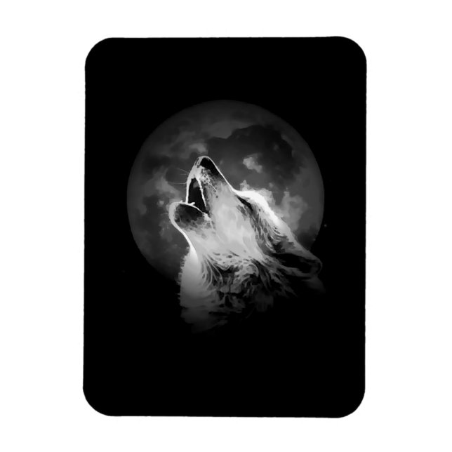 Black & White Howling Wolf & Moon Magnet (Vertical)