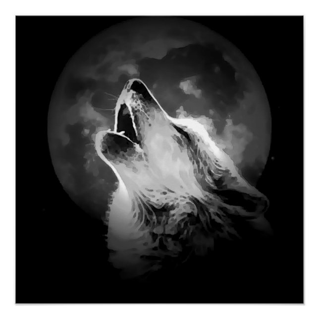 Black & White Howling Wolf & Moon Poster (Front)