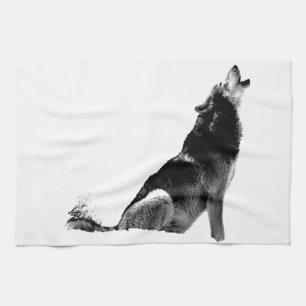 Black White Howling Wolf Tea Towel