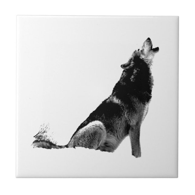 Black White Howling Wolf Tile (Front)