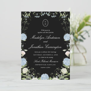 Black White Hydrangea Monogram Wedding Invitation