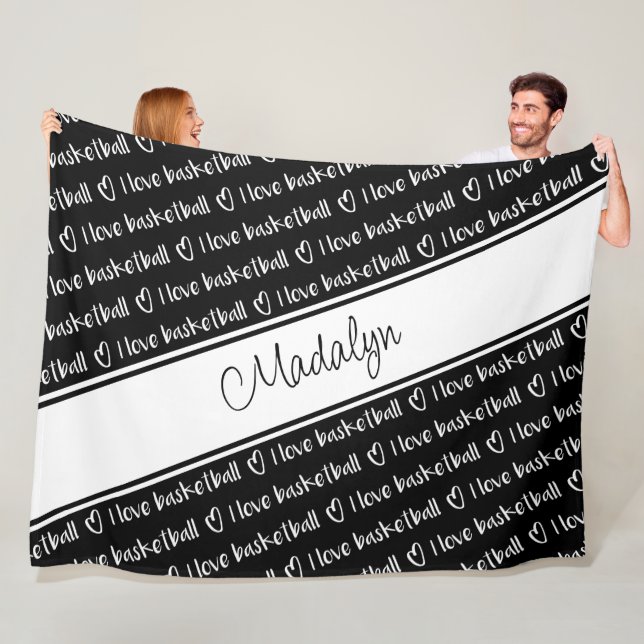 black white I love basketball text pattern Fleece Blanket (In Situ)