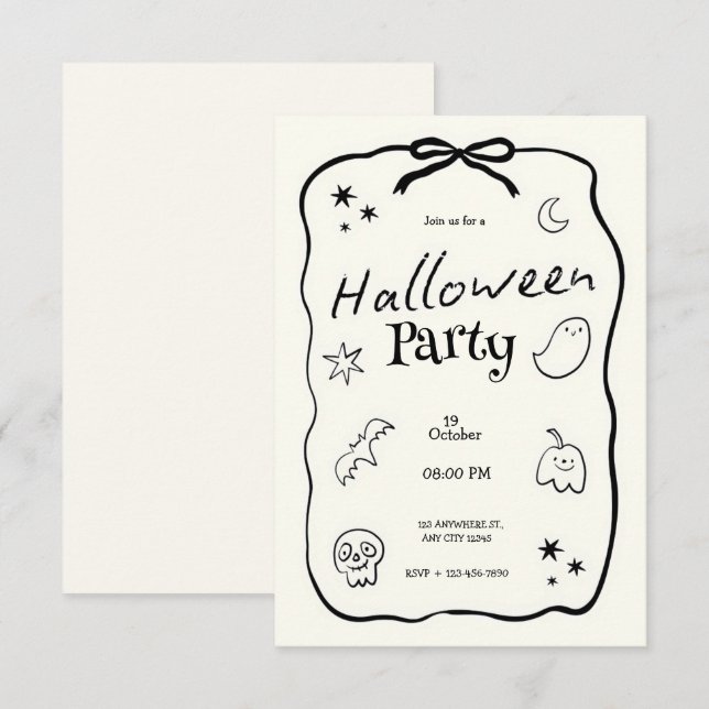 Black & White Illustrative Halloween Party Invitation (Front/Back)