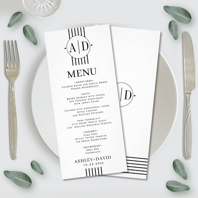 Black, white initials, stripes wedding menu card (Creator Uploaded)