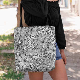 Black & White Ink Tropical Escape Pattern Tote Bag