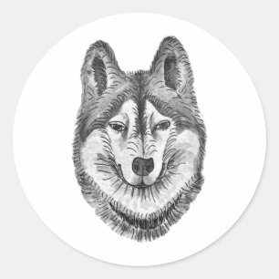 Black & White Ink & Watercolor Siberian Husky Classic Round Sticker