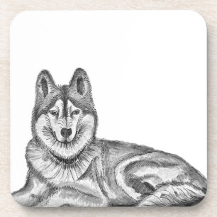 Black & White Ink & Watercolor Siberian Husky Coaster