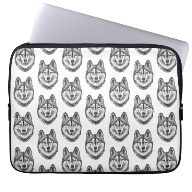 Black & White Ink & Watercolor Siberian Husky Laptop Sleeve (Front)