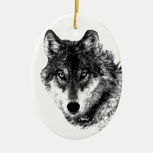 Black White Inspirational Wolf Eyes Ceramic Tree Decoration (Front)