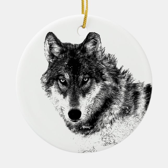 Black White Inspirational Wolf Eyes Ceramic Tree Decoration (Front)