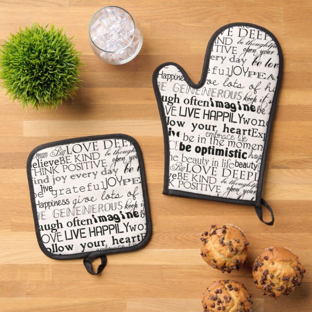 Black White Inspirational Words Oven Mitt & Pot Holder Set (Top Down)