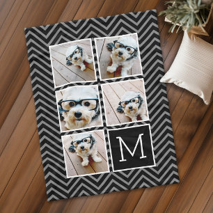 Black White Instagram 5 Photo Collage Monogram Fleece Blanket