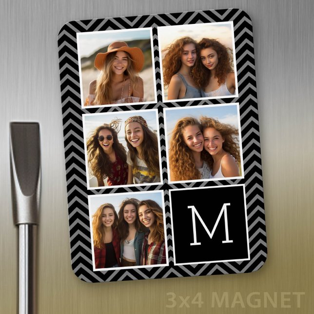 Black White Instagram 5 Photo Collage Monogram Magnet (Personalized refrigerator magnet with photo collage and custom text - add 5 photos to this design)