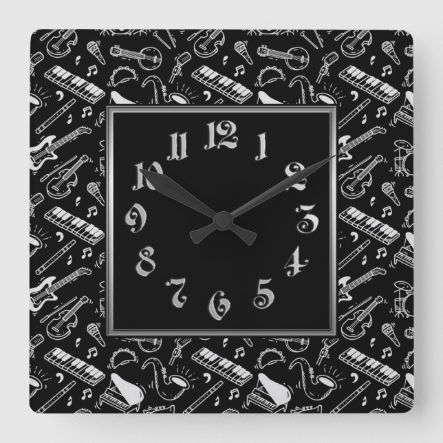 Black & White Instruments Pattern Square Wall Clock (Front)