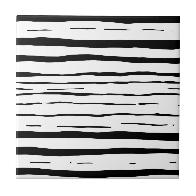 Black White Irregular Stripes Pattern Tile (Front)